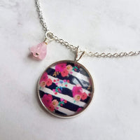 Navy White Stripe Necklace - floral overlay round 1 inch pendant/baby pink glass flower charm - thin silver chain - tween/teen girl gift - Constant Baubling