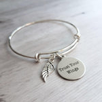 Graduation Jewelry - silver adjustable bangle double loop wire bracelet - Trust Your Wings charm - motivation, fly, encourage, take chances - Constant Baubling