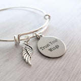 Graduation Jewelry - silver adjustable bangle double loop wire bracelet - Trust Your Wings charm - motivation, fly, encourage, take chances - Constant Baubling