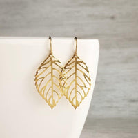 Gold Leaf Earrings, gold filigree leaf earring, cut out leaf earring, punched leaf earring, delicate, 14K SOLID GOLD or filled hook upgrade - Constant Baubling