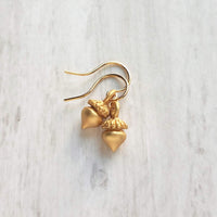 Golden Acorn Earrings, little acorns, shiny/matte gold, autumn earring, fall earring, squirrel earring, small acorns, lightweight dangle - Constant Baubling