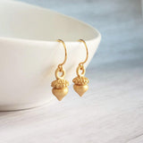 Golden Acorn Earrings, little acorns, shiny/matte gold, autumn earring, fall earring, squirrel earring, small acorns, lightweight dangle - Constant Baubling