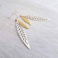 Silver Gold Leaf Earrings, long narrow leaf earrings, silver leaves, filigree leaf earring, silver leaf earring, cut out leaf earring, thin - Constant Baubling