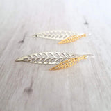 Silver Gold Leaf Earrings, long narrow leaf earrings, silver leaves, filigree leaf earring, silver leaf earring, cut out leaf earring, thin - Constant Baubling