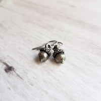 Silver Acorn Earrings, tiny acorn earring, antique silver acorn earring, small acorn earring, acorn dangle, squirrel earring, little charm - Constant Baubling