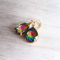 Swarovski Crystal Teardrop Earrings, large crystal earring, rainbow crystal earring, jewel tone earrings, gold crystal earring, vitrail drop - Constant Baubling