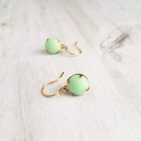 Green Mint & Gold Earrings - raw brass setting with small vintage round pale smooth glass - upgrade hooks to 14K SOLID gold or fill - Constant Baubling