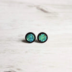 Black Stud Earrings - blue green teal faux druzy stone - simple round rough jagged rock - hypoallergenic stainless surgical steel post drusy - Constant Baubling