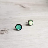 Black Stud Earrings - peridot green/aqua blue faux druzy stone - rough bumpy rock - hypoallergenic stainless surgical steel post drusy - Constant Baubling