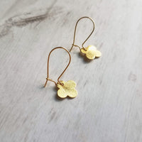 Gold Clover Earrings - small brushed 4 lobe leaf good luck charm dangle on simple latching kidney ear hook - St Patricks Day gift - Constant Baubling