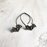 Black Bat Earrings, tiny bat earring, bat dangle, little flying bats, long matte black hook, 2 inch earring, Halloween jewelry, trick treat - Constant Baubling