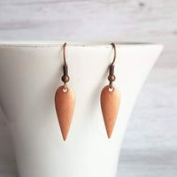 Copper Point Earrings - elongated narrow upside down tear drop w/ oxidized antiqued rustic finish - domed inverted spear shape - Constant Baubling