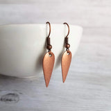 Copper Point Earrings - elongated narrow upside down tear drop w/ oxidized antiqued rustic finish - domed inverted spear shape - Constant Baubling