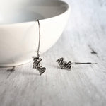 Silver Bat Earrings, small Halloween earrings, bat charm, flying bat earring, bat jewelry, tiny bat earring, small bat dangle, kidney hooks - Constant Baubling