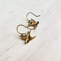 Little Bird Earrings - small brass birds, bronze bird earring, rustic birdies, birds flying together apart, couples gift, bird dangle charm - Constant Baubling