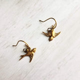 Little Bird Earrings - small brass birds, bronze bird earring, rustic birdies, birds flying together apart, couples gift, bird dangle charm - Constant Baubling