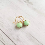 Green Mint & Gold Earrings - raw brass setting with small vintage round pale smooth glass - upgrade hooks to 14K SOLID gold or fill - Constant Baubling