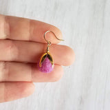 Pom Ball Earrings - fuchsia needle felt wool orb nestled in gold leaf cone top - 14K gold fill or plated hooks - other fall colors available - Constant Baubling