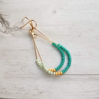 Beaded Gold Teardrop Earrings, large gold tear drop earring, beaded teardrop seed bead earring delicate blue green mint matte gold turquoise - Constant Baubling