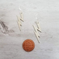 Lightning Bolt Earring - silver or gold SHAZAM charm, high voltage storm weather dangle on simple ear hooks, long jagged zig zag shape - Constant Baubling