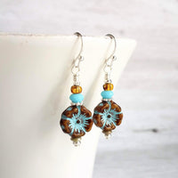 Hibiscus Earrings, turquoise brown earring, glass flower earring, brown aqua earring, patina earring, flower earrings amber sky blue earring - Constant Baubling