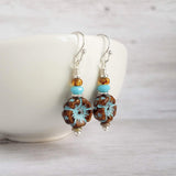 Hibiscus Earrings, turquoise brown earring, glass flower earring, brown aqua earring, patina earring, flower earrings amber sky blue earring - Constant Baubling