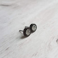 Black Stud Earrings - gunmetal silver faux druzy stone - simple round rough jagged rock - hypoallergenic stainless surgical steel post drusy - Constant Baubling