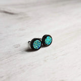 Black Stud Earrings - blue green teal faux druzy stone - simple round rough jagged rock - hypoallergenic stainless surgical steel post drusy - Constant Baubling