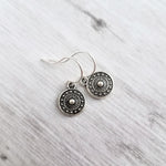 Tiny Silver Medallion Earrings, small round dangle earring, antique silver earring, silver tribal earring, .925 sterling silver hook option - Constant Baubling