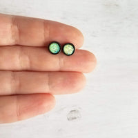 Black Stud Earrings - peridot green/aqua blue faux druzy stone - rough bumpy rock - hypoallergenic stainless surgical steel post drusy - Constant Baubling