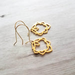 Lotus Earrings - gold ornate flower outline charms dangle on simple latching kidney ear hook - goddess rebirth triumph purity symbolic gift - Constant Baubling