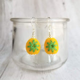 Embroidered Flower Earrings, yellow green earring, felt earring, wool earring, wool ball earring, yellow flower earring green flower earring - Constant Baubling