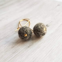 Grey Wool Ball Earrings, needle felt earrings, wooly earring, grey wool earring, tweed earring, latching hook, winter earrings, felted wool - Constant Baubling