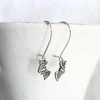 Silver Bat Earrings, small Halloween earrings, bat charm, flying bat earring, bat jewelry, tiny bat earring, small bat dangle, kidney hooks - Constant Baubling