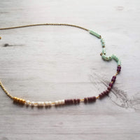 Color Block Necklace - beaded chain, 14K gold plated chain, mint green purple white, color section necklace, glass bead necklace, seed beads - Constant Baubling