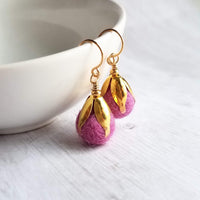 Pom Ball Earrings - fuchsia needle felt wool orb nestled in gold leaf cone top - 14K gold fill or plated hooks - other fall colors available - Constant Baubling