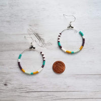 Beaded Silver Hoop Earrings, thin circle earring, beaded hoop, seed bead earring, beaded earring, mint, mustard, turquoise, plum brown, tiny - Constant Baubling