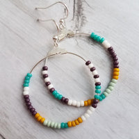 Beaded Silver Hoop Earrings, thin circle earring, beaded hoop, seed bead earring, beaded earring, mint, mustard, turquoise, plum brown, tiny - Constant Baubling