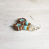 Hibiscus Earrings, turquoise brown earring, glass flower earring, brown aqua earring, patina earring, flower earrings amber sky blue earring - Constant Baubling