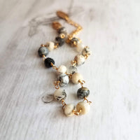 Small Stone Bracelet, dendrite opal bracelet, rosary bracelet, beaded bracelet, adjustable gold chain, tiny black white gemstone bracelet - Constant Baubling