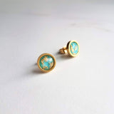 Turquoise Blue Stud Earrings, small gold leaf earrings, little gold studs, turquoise stud earrings, gold stainless steel stud gold foil stud - Constant Baubling