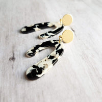 Large Chunky Earrings, black white gold earring, u shape earring, 80s style jewelry, acrylic arch earring faux tortoise shell earring dangle - Constant Baubling