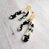 Large Chunky Earrings, black white gold earring, u shape earring, 80s style jewelry, acrylic arch earring faux tortoise shell earring dangle - Constant Baubling