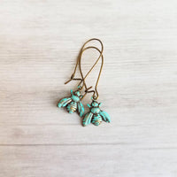 Patina Bee Earrings, small bee earring, rustic earring, bee dangle earring, verdigris patina earring, kidney ear hook bumblebee earring aqua - Constant Baubling