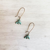 Patina Bee Earrings, small bee earring, rustic earring, bee dangle earring, verdigris patina earring, kidney ear hook bumblebee earring aqua - Constant Baubling