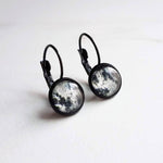 Moon Crater Earrings - celestial night sky art prints under glass domes, black brass lever back hooks, solar system natural satellite - Constant Baubling