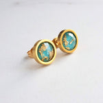 Turquoise Blue Stud Earrings, small gold leaf earrings, little gold studs, turquoise stud earrings, gold stainless steel stud gold foil stud - Constant Baubling