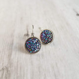 Blue Purple Galaxy Earrings - faux druzy stone in hypoallergenic stainless steel leverback, rough iridescent cobalt blue amethyst finish - Constant Baubling