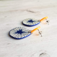 Large Chunky Earrings, 80s style earring, mustard yellow earring, blue orange earring, starburst earring, asymmetrical round acrylic earring - Constant Baubling