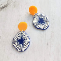 Large Chunky Earrings, 80s style earring, mustard yellow earring, blue orange earring, starburst earring, asymmetrical round acrylic earring - Constant Baubling